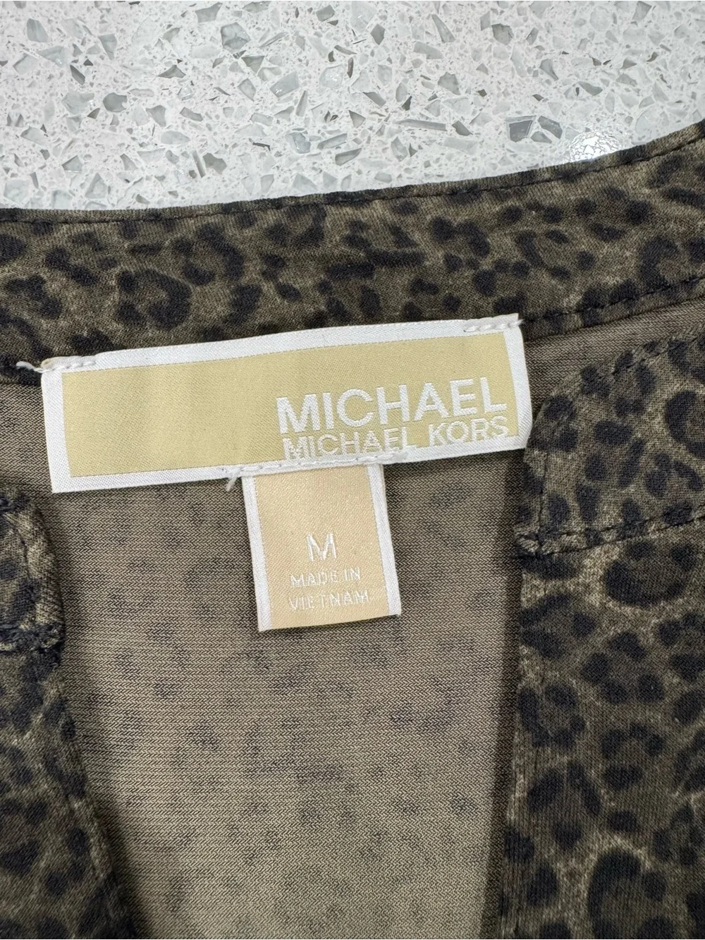 Michael Kors Olive Green Leopard Zip-Front Blouse with Gold Pull